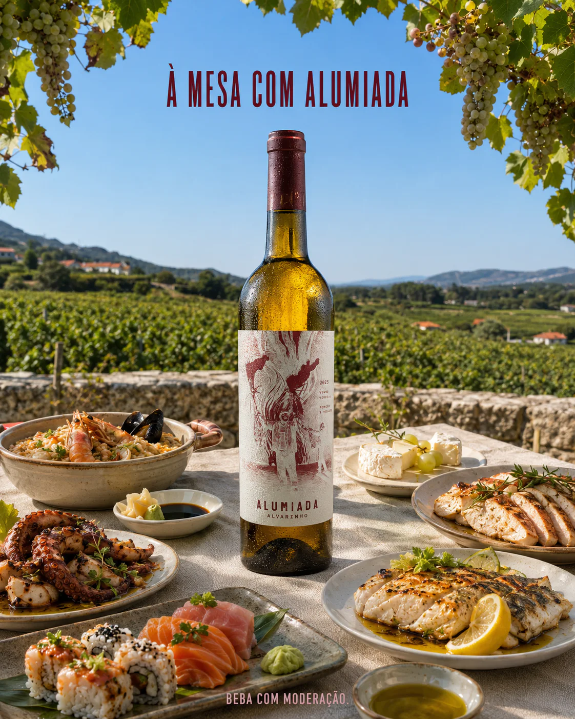 À mesa com Alumiada: garrafa entre pratos, com as vinhas ao fundo
